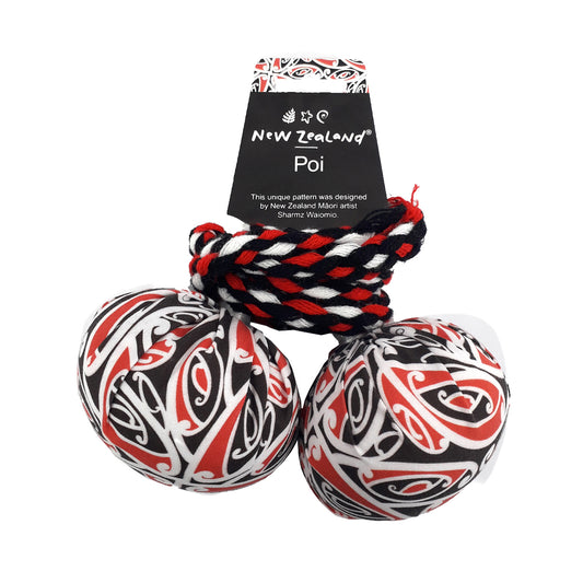 NZ Poi w/Māori Patterned Fabric Red